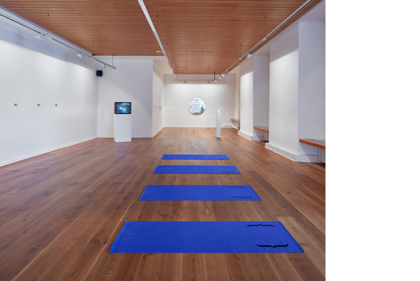 Identification Please, Liz Magic Laser, 2016, newspaper and video installation, installation view with&amp;nbsp;Identification Please (meditation tape), 2016, audio track and yoga mats. Music composed by Mati Gavriel, Kunstverein G&amp;ouml;ttingen, Germany.