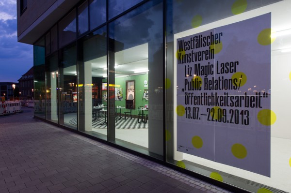 Public Relations / &amp;Ouml;ffentlichkeitsarbeit&amp;nbsp;(Caf&amp;eacute; Set),&amp;nbsp;Liz Magic Laser,&amp;nbsp;2013, 8 x 3 x 4 m, installation view, Westf&amp;auml;lischer Kunstverein, Germany. Set Design in collaboration with Christian Kiehl.