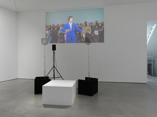 Stand Behind&amp;nbsp;Me,&amp;nbsp;Liz Magic Laser,&amp;nbsp;2013, performance and two-channel video, installation view,&amp;nbsp;Lisson Gallery, London, UK.&amp;nbsp;