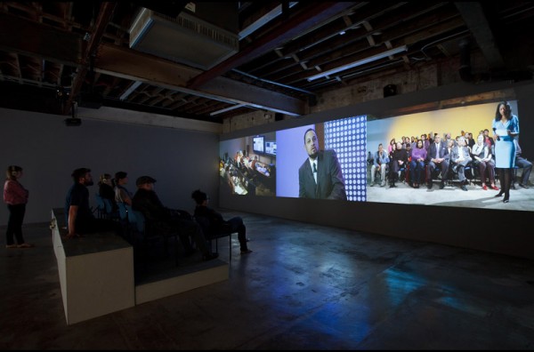Tell Me What You Want to Hear, Liz Magic Laser, 2013, performance and three-channel video, installation view, DiverseWorks, Houston,&amp;nbsp;Texas.