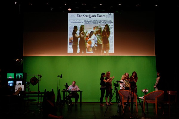 The Living Newspaper: On Location, Liz Magic Laser, 2013, performance and single-channel video, 42 minutes, production still,&amp;nbsp;Plays and Players Theatre, Philadelphia, PA.
